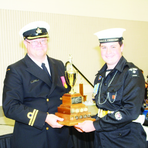 Lt(N) Dave Little, Crescent commander, presented the Coxwain's Award to Chief Petty Officer 2nd Class Jason Hunter.