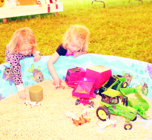 Sadee Dolson, 2, and her sister Kylee, 4, of Orangeville were having fun with some of the toys while learning about farming in the Agricultural Awareness Tent.
