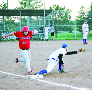 Bolton's Alex Lojko reaches to make an out while playing first base in last Thursday's 11-0 loss to the Pickering Red Sox.