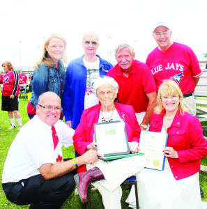 There was more to celebrate last Wednesday than just Canada Day. Jean Kelloway, a long time member of the Caledon Agricultural Society, marked her 90th birthday the following day. And Gwen and Clarence Pinkney had celebrated their 51st wedding anniversary June 27. Seen here, helping out with the celebrations, were Mayor Allan Thompson, Councillor Barb Shaughnessy, Councillor Doug Beffort and Dufferin-Caledon MPP Sylvia Jones.