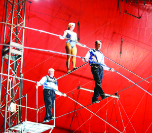 Members of the world famous Wallendas were performing on the high wire last week as the Shrine Circus Spectac! 2015 stopped in Caledon at the Brampton Fairgrounds. Romulus Cortes let the way, followed by Rick Wallenda, as they supported Sharlie Wallenda on this pyramid. All three got across safely. Photos by Bill Rea