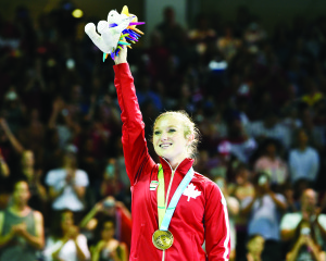 Rosie MacLennan gave the crowd a wave at Sunday's medal presentation. Photo by Jason Ransom