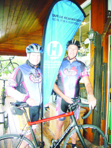 Event Chair Tim Peters and Don Coats, owner of Caledon Hills Cycling in Inglewood, gear up for the first ever Tour de Headwaters event. This inaugural ride is dedicated to the memory of Paul Coats.