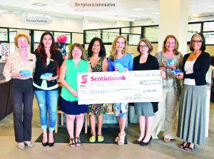 Representatives of Orangeville Scotiabank and BizBaz recently presented this cheque to DAREarts.