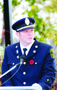 Pastor Jeff Enns, chaplain of Caledon Fire and Emergency Services, pronounced the invocation at Sunday's services at Caledon East.