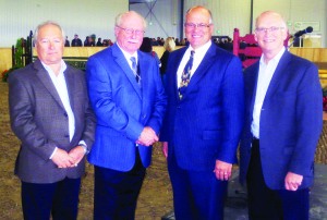 Equestrian Management Group partner Bob Carey, Town CAO Doug Barnes, Mayor Allan Thompson and Toronto and Region Conservation Authority CEO Brian Denney spoke at the recent Mayor's Harvest Business Lunch at Caledon Equestrian Park.