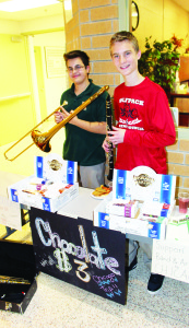 Music and arts students were trying to raise some money by selling chocolate for a trip in April to an arts festival in Chicago. Owen Quimette and Tristan Glaw were manning the table.