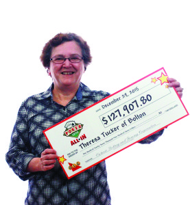 BOLTON RESIDENT WINS $127,907 PLAYING POKER LOTTO ALL IN Congratulations to Theresa Tucker of Bolton for going “all in” to win the Poker Lotto All In jackpot, worth $122,907.80, Dec. 27. Tucker also won $5,000 on the instant portion of her Poker Lotto play, bringing her total winnings to $127,907.80. “I won with a royal flush, and when I saw the prize amount I couldn't believe it,” she laughed while at the OLG Prize Centre in Toronto to pick up her windfall. “My husband was at the store with me when I won so it was very exciting!” This is the second big win for the long-time lottery player. She won $50,000 playing Instant Crossword two years ago. Tucker plans to pay off her mortgage and take a trip with her windfall. The winning ticket was purchased at Canadian Tire Gas Bar on McEwan Drive in Bolton.