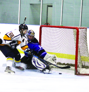 Daniel Cafagna makes a move in close against the Penetang Kings at Caledon East. The Kings had a 3-2 come-from-behind victory over the Hawks Friday. Photo by Jake Courtepatte