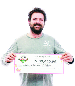BOLTON MAN WINS $100,000 Giuseppe Amorosi of Bolton is celebrating after winning a $100,000 top prize with Poker Lotto Jan. 27. “On the morning following the draw, I checked my ticket against the winning cards I received through email on my phone. I couldn't believe all my cards matched. I thought I was seeing things since I was still waking up,” laughed Amorosi, while at the OLG Prize Centre in Toronto to claim his windfall. “At first I tried to keep my big win to myself — but I just couldn't hold it in!” Amorosi plans to use his winnings as a down payment for a new home. Poker Lotto is a lottery game that offers both instant in-store wins of up to $5,000 and nightly prize draws of up to $100,000 with each $2 ticket and uses playing card symbols rather than numbers. The winning ticket was purchased at Esso on Guelph Street in Georgetown.