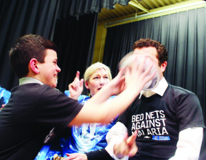 Tuesday's festivities included another session with students getting to plunk pies in the faces of teachers. Rick Mercer took part in that too. It was Grade 8 student Clark Elliott, who came up with the idea for the funding effort (after hearing about it on the Mercer Report) who got to hit Mercer in the face. Photos by Bill Rea