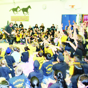 The students were set up to do a wave as part of Tuesday's assembly.