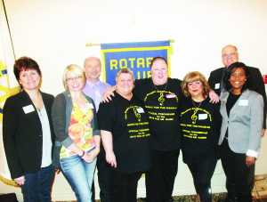 Members of the Rotary Club of Palgrave have shown their support for Meaghan's Room. Meaghan is flanked here by her mother Danielle and Mary Balino, director of Tisho's Music Academy; Rotarians Brenda Alderdice, Krysta Cadden and Club President Jim Firth; as well as Mayor Allan Thompson and Councillor Annette Groves. Photo by Bill Rea