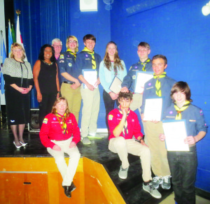 The 1st Bolton Scout Group celebrated another year recently as they hosted their ninth annual banquet at Humberview Secondary School. Dufferin-Caledon MPP Sylvia Jones, Councillor Annette Groves and MP David Tilson, along with Leader Karen Matson, were on hand to recognize the accomplishments of local Scouts taking part in the Duke of Edinburgh Award Program. Seen here are Matthew Dunn, Tyler Elliot, Rebecca Dale, Max Gunter, Tanner Krauter, Jonathan Quintal and Brady Austen. Photos by Bill Rea