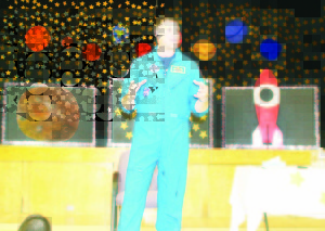 The stage at St. John Paul II Elementary School in Bolton was appropriately decorated last Thursday as the school welcomed Canadian astronaut Lt.-Col. Jeremy Hansen. He was given a tour of the school's Satellite Remote Mission Operations Centre (RMOC). 