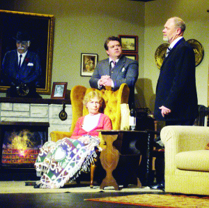 Jean Jardine Miller as Monica, Josh Oatman as Edward and Chris Wright as Phip in Murder Mistaken, which is being presented by the Tipling Stage Company of Shelburne.