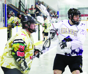 Caledon's Jack Hebert (white) looks to get open in the offensive zone against the Shelburne Vets at Mayfield Arena last week. Photo by Jake Courtepatte