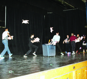 SPRING PRODUCTION AT HUMBERVIEW The stage at Humberview Secondary School in Bolton came alive recently with the annual Spring Drama Production. One of the plays dealt with the distractions caused by the Internet, and it included the performers pelting each other with stuffed pigs. Photo by Bill Rea