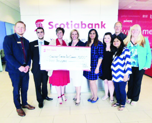 Mollie Cavan, manager of the Bramalea and Mayfield branch of Scotiabank, presented a large donations to Councillor Jennifer Innis, a director of Caledon Canada Day celebrations. The money will help pay for the preparation and setting up of the at Albion Hills Conservation Area. Also present was the staff of this Scotiabank branch, Jay Clark of Toronto and Region Conservation Authority and Bernie Rochon from the Palgrave Rotary Club.