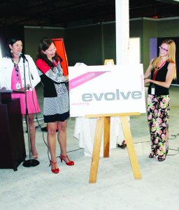 CCS Board Chair Carine Strong and Fundraising Associate Nicole Dumanski unveiled the new name of the planned new retail outlet, as Councillor Johanna Downey looked on. Photo by Bill Rea