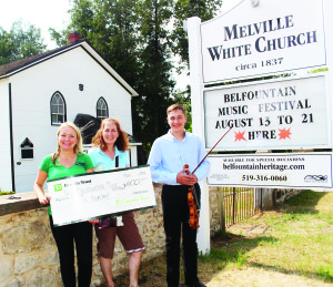 MUSIC FESTIVAL WILL START THIS WEEKEND The Belfountain Music Festival is set to go, with the first concert scheduled Saturday night with a performance by The Gemsmen, starting at 8 p.m. The Erin branch of TD Canada Trust is once again supporting the festival, and Branch Manager Beata Sinanios was on hand at Melville White Church on Mississauga Road Friday to present a cheque for $600 to Sarah Bohan of the Belfountain Heritage Society and Kai Rousseau, who will be one of the performers in the festival. For more information on the festival, including ticket information, go to http://www.belfountainmusic.com Photo by Bill Rea