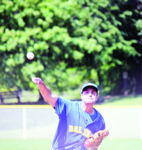 Trent Barwick throws out a pitch in the Bolton Brewers' playoff opener against the Thornhill Reds Saturday. The two teams are tied 1-1 in a best-of-three series. Photo by Jake Courtepatte