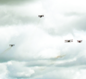 Aircraft from the Great War Flying Museum flew over the field in a Missing-Man formation, commemorating recent deaths of Brampton Flying Club members George Neal and Richard Pulley.