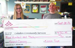 NOBLETOYZ HELPS CCS The recent grand opening at Nobletoyz Toys and Collectibles in Bolton resulted in some money for Caledon Community Services (CCS). CCS Fundraising Associate Nicole Dumanski recently accepted the cheque for $430.75 from store proprietor Derrick Noble. Submitted photo