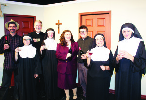 The cast of Drinking Habits includes Rui Medeiros as George, Lia Strazzeri as Sister Mary Catherine, Mark Chambers as Father Chenille, Ingrid Chambers as Mother Superior, Danielle Gamache as Sally, Steve Redford as Paul, Jeannette Massicotte as Sister Augusta and Teresa Duncan as Sister Philamena. Photo by Bill Rea