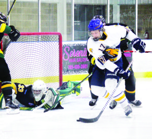 Alliston goaltender Mike Masucci reaches out with his glove as Caledon's Michael Andrews gets a chance in front, in the Golden Hawks' 4-3 loss to the Hornets on the road Friday. Photo by Jake Courtepatte