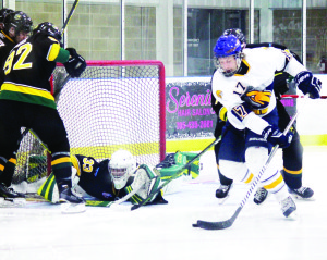 Alliston goaltender Mike Masucci reaches out with his glove as Caledon's Michael Andrews gets a chance in front, in the Golden Hawks' 4-3 loss to the Hornets on the road Friday. Photo by Jake Courtepatte