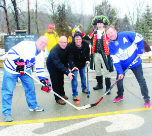 Former NHL linesman Ray Scapinello and Alton Mill co-proprietor Jeremy Grant were accompanied by Caledon Town Crier Andrew Welch as they performed the ceremonial opening faceoff between Mayor Allan Thompson of the Caledon Notables and former Toronto Maple Leaf star Gary Leeman, representing the Caledon Not-Ables. The Not-Ables won 15-14.