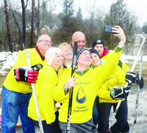 The Caledon Notables lined up as Town Communication Coordinator Tony Maxwell took this selfie with Mayor Allan Thompson, Councillor Jennifer Innis, Dufferin-Caledon MPP Sylvia Jones, Inspector Ryan Carothers of Caledon OPP, Councillor Johanna Downey and acting fire chief Darryl Bailey before their match against the Caledon Not-Ables.