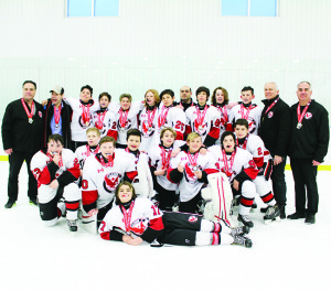 The Tri-County League Champion Caledon peewee AE Hawks consists of (back row) Assistant Trainers Frank Miceli and Braydon Rocca; Tyler Hickey; Robert Lenstra; Jacob Altomare; Joshua White; David Provenzano; Head Coach Frank Rocca; Nicholas Italiano; Luke Campeau; Daniel Rosa; Trainer Robert Hickey; Assistant Coach Vince Rosa; (middle row) Eric Mehlenbacher; Tyler Richards; Nathan Cook; Micheal Anzelmo; Peter Tullio; Nicholas Barbuto; Sebastian Miceli; Nicolas Esposito; and (front) Bryson Rocca. Submitted photo